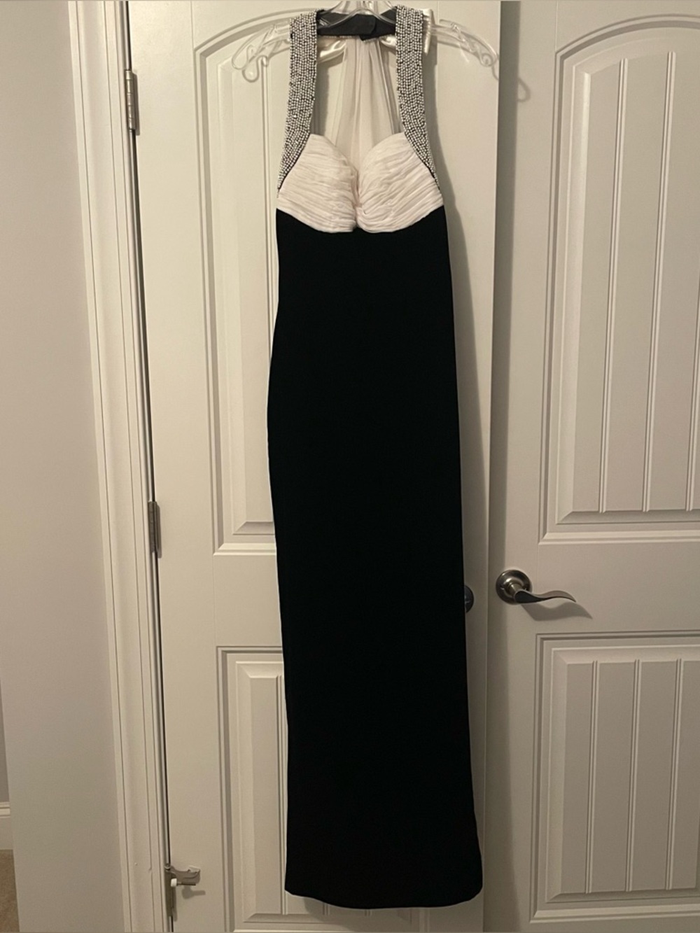 Sherri Hill Velvet Beaded Evening Prom Pageant Gown Black and White Beaded